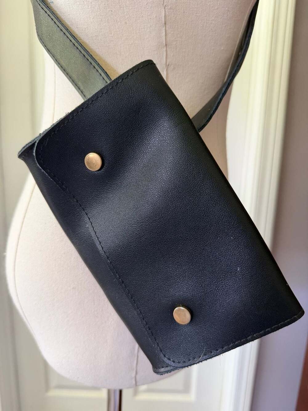 Gigi Pip Black Leather Belt Sling Bag with Gold Hardware - Picture 15 of 15